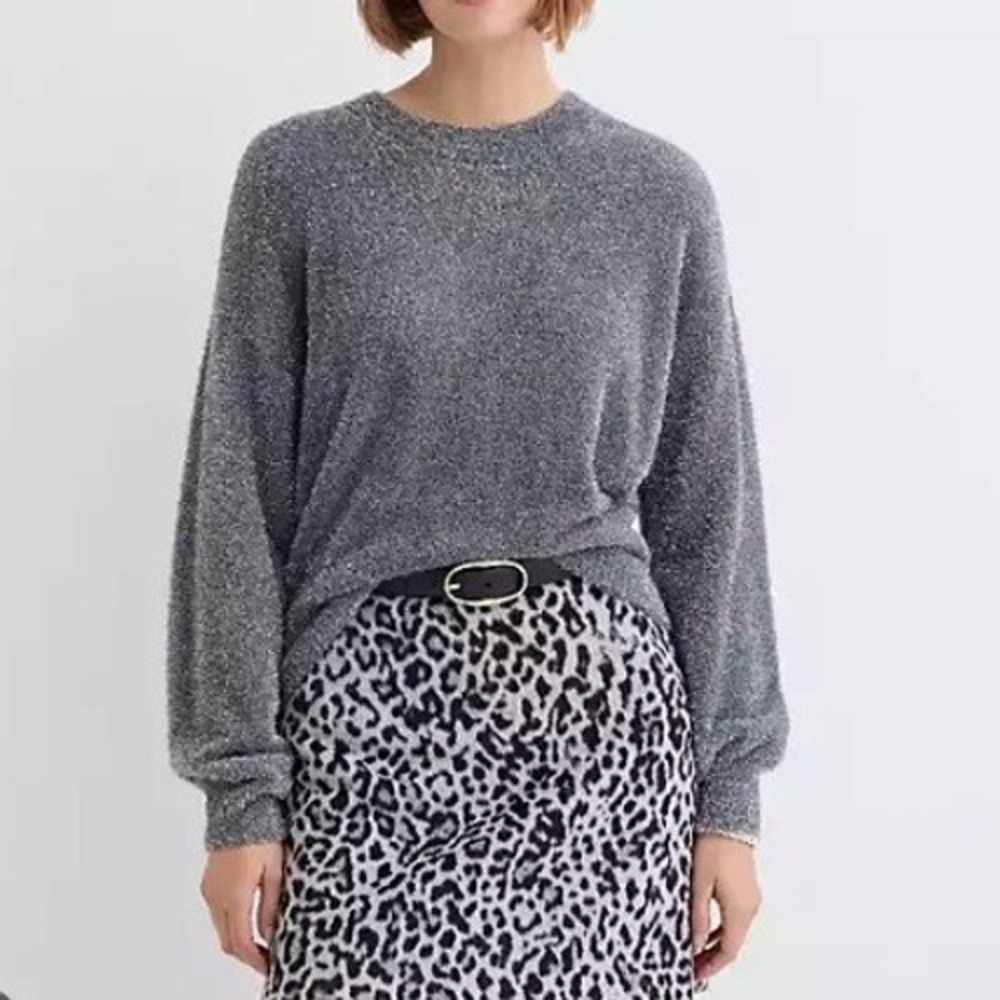 Loft Women's Sz XS Tinsel Fuzzy Sweater Gray Metallic Crewneck Nylon Long Sleeve